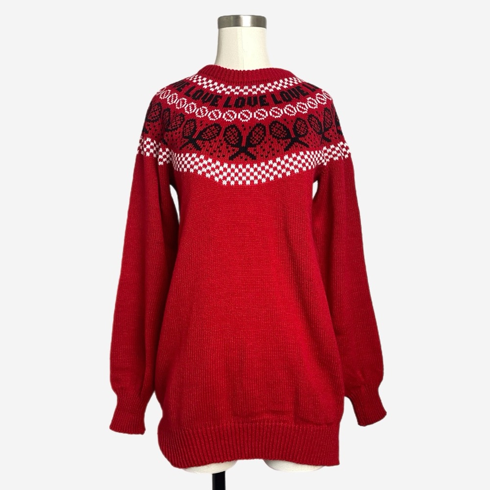 Unbranded handmade vintage red tennis love heart fair isle holiday sweater S/M